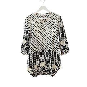Amaya White & Black Size S Floral Embroidered Tab Sleeve Cotton Tunic Shirt